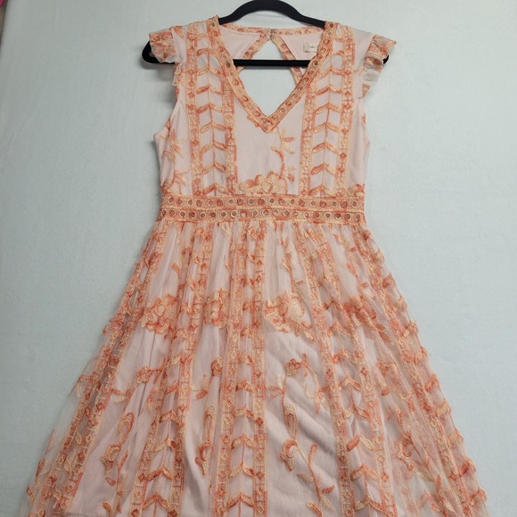 Altar'd State Dresses & Skirts - Altar'd State Orange Peach Embroidered Mesh Midi Dress Cutout Back Womens Medium